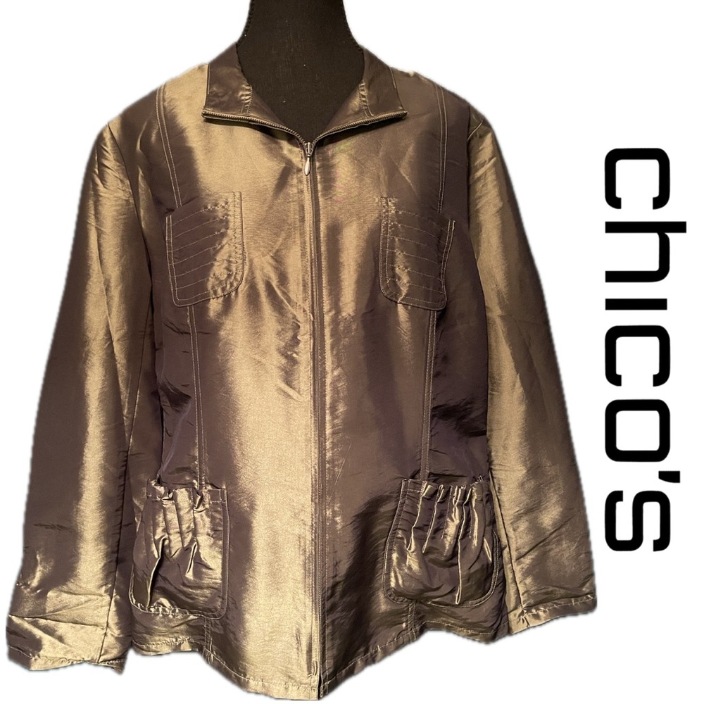 Chico’s Metallic Iridescent Green Shimmer Shine Zip-Up Blazer Jacket pockets 2 L